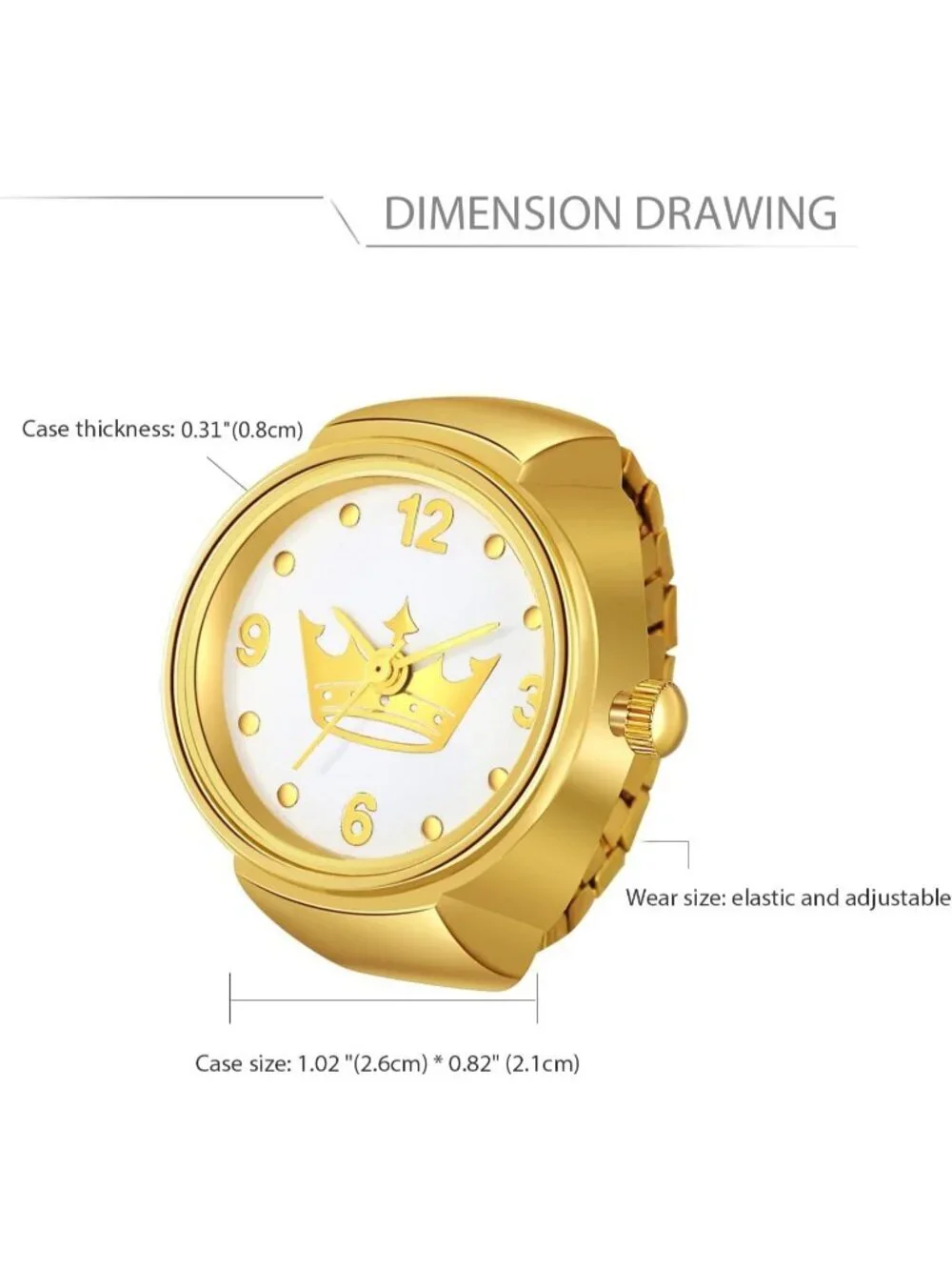 Unisex Gold Analog Quartz Plated Elastic Crown Simple Round Finger Ring Watch